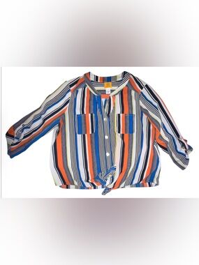 Ruby Rd. Multicolor Vertical-Strip Blouse in Blue, Orange, Navy & White